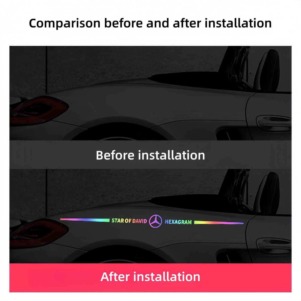 Autocollants colorés pour logo de voiture, autocollants de voiture réfléchissants laser à changement de couleur, autocollants personnalisés pour montant A, portière et capot de voiture.