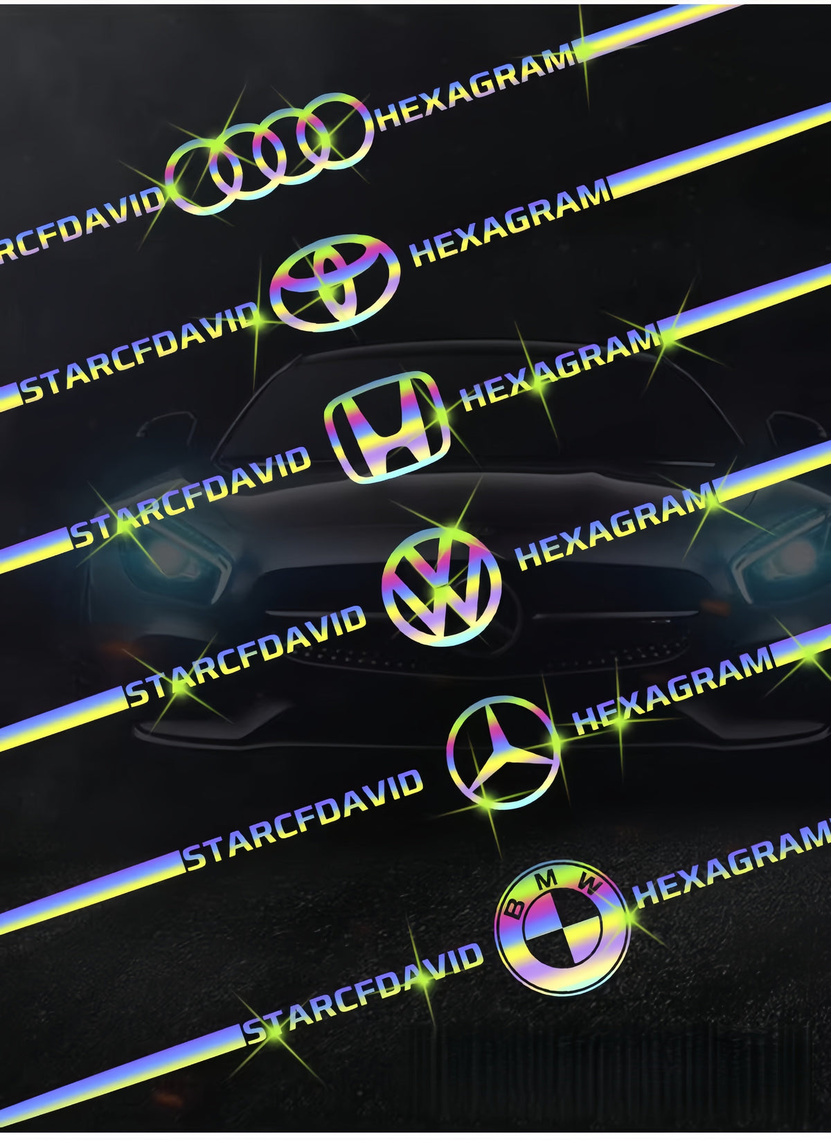 Autocollants colorés pour logo de voiture, autocollants de voiture réfléchissants laser à changement de couleur, autocollants personnalisés pour montant A, portière et capot de voiture.