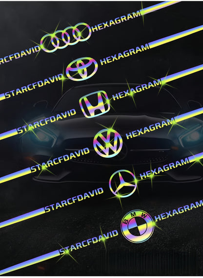 Autocollants colorés pour logo de voiture, autocollants de voiture réfléchissants laser à changement de couleur, autocollants personnalisés pour montant A, portière et capot de voiture.