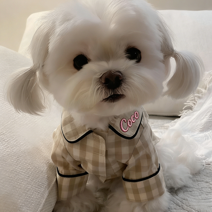 Personalisierter bestickter Name Baumwoll-Leinen Karierter Hunde-Schlafanzug | inCloth70
