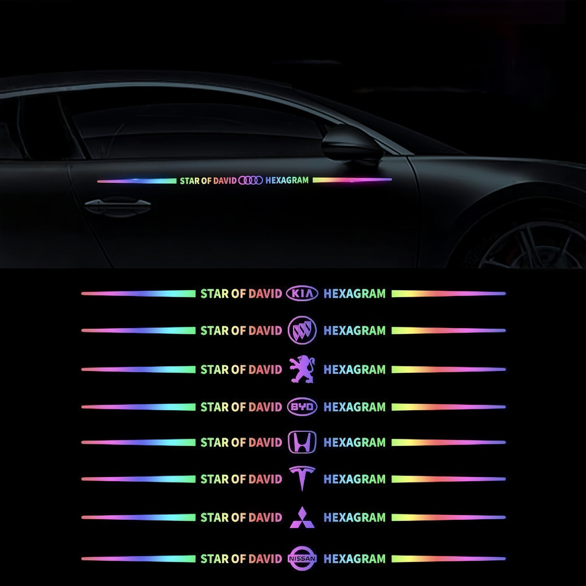 Autocollants colorés pour logo de voiture, autocollants de voiture réfléchissants laser à changement de couleur, autocollants personnalisés pour montant A, portière et capot de voiture.