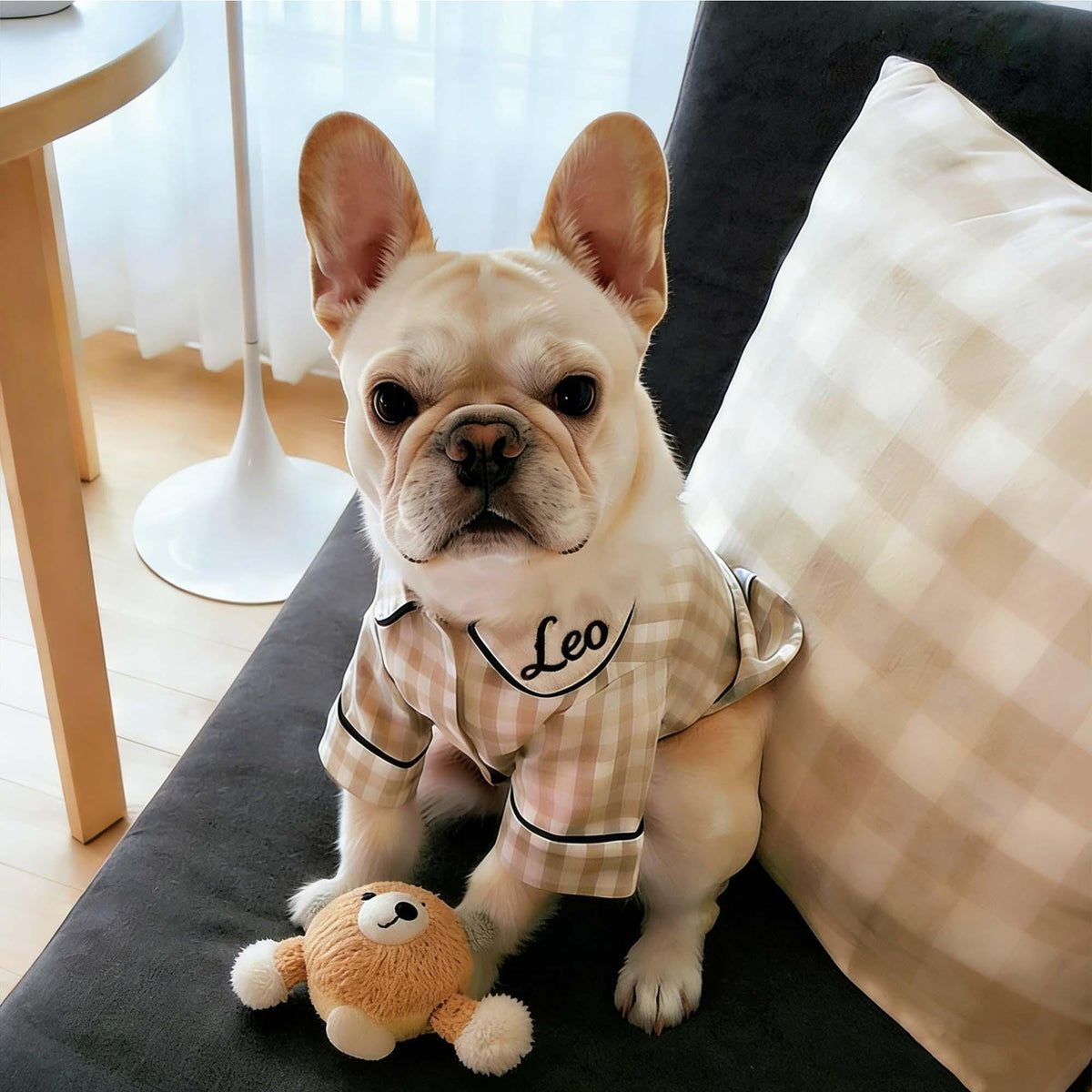 Personalisierter bestickter Name Baumwoll-Leinen Karierter Hunde-Schlafanzug | inCloth70